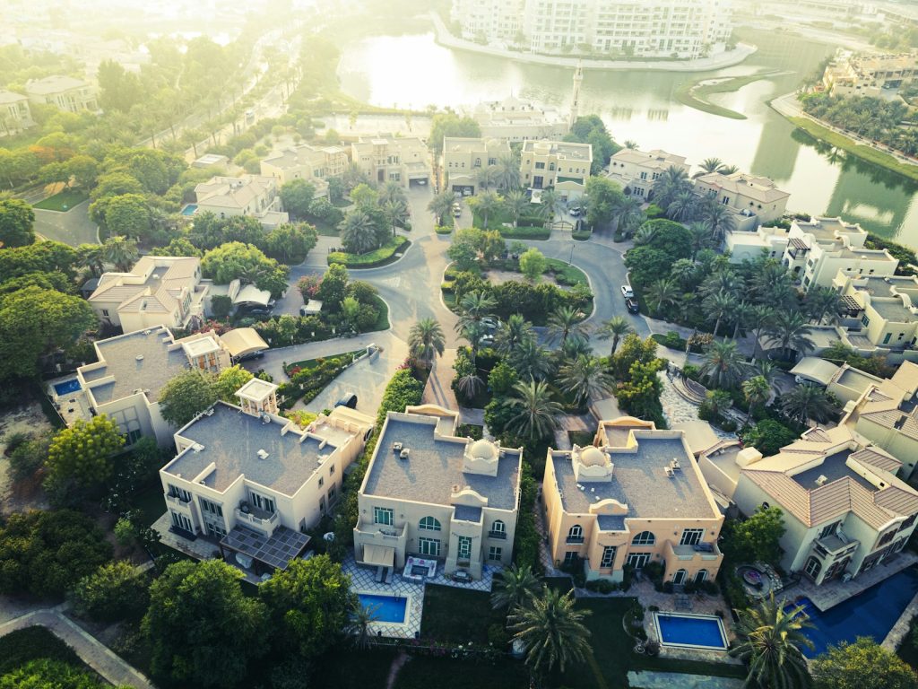 Aerial view of a Dubai residential neighborhood for first-time home buyers