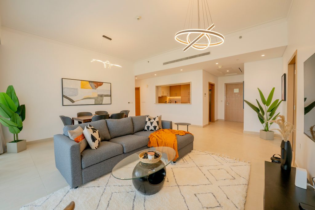 Warm furnished apartment interior representing a licensed Dubai holiday home short-term rental