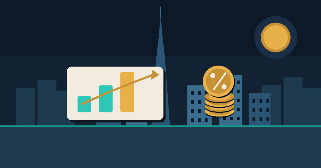 Flat vector illustration of a rising bar chart, an upward arrow and a gold percent coin over a simplified Dubai skyline, illustrating capital gains tax on Dubai property.