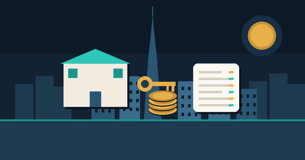 Flat vector illustration of a house with a key, gold coins and a fee receipt over a simplified Dubai skyline, illustrating the costs of selling property in Dubai.