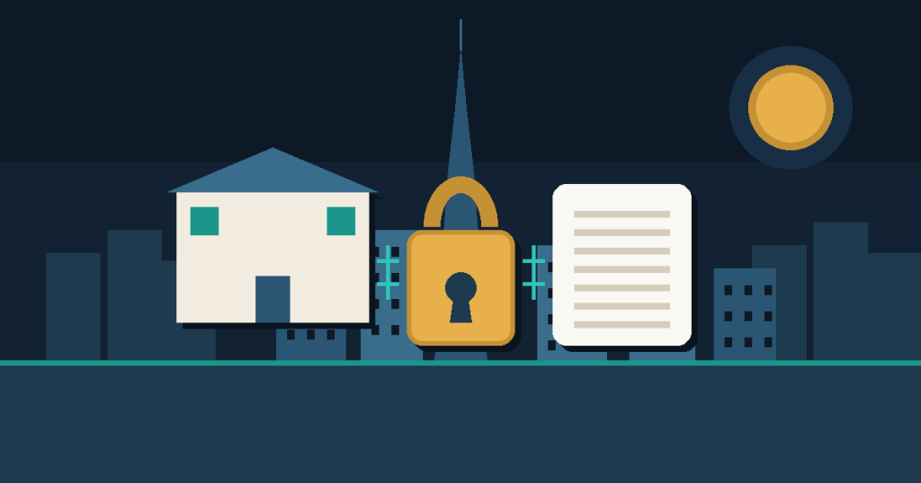 Flat vector illustration of a house, a gold padlock and a will document over a simplified Dubai skyline, illustrating a Dubai estate frozen when the owner dies without a will.