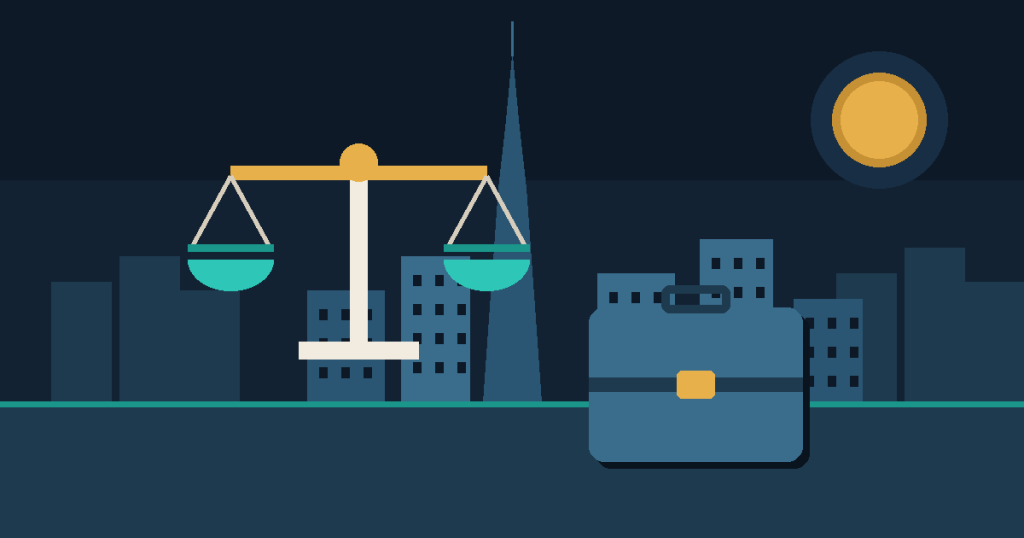 Flat illustration of scales of justice next to a legal briefcase