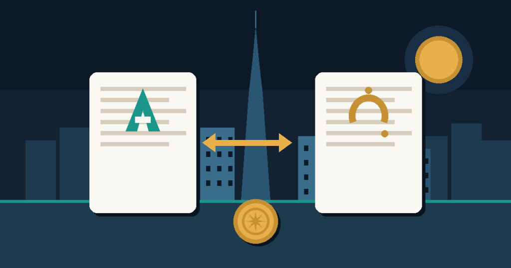 Flat illustration of two documents in different scripts with a certification seal