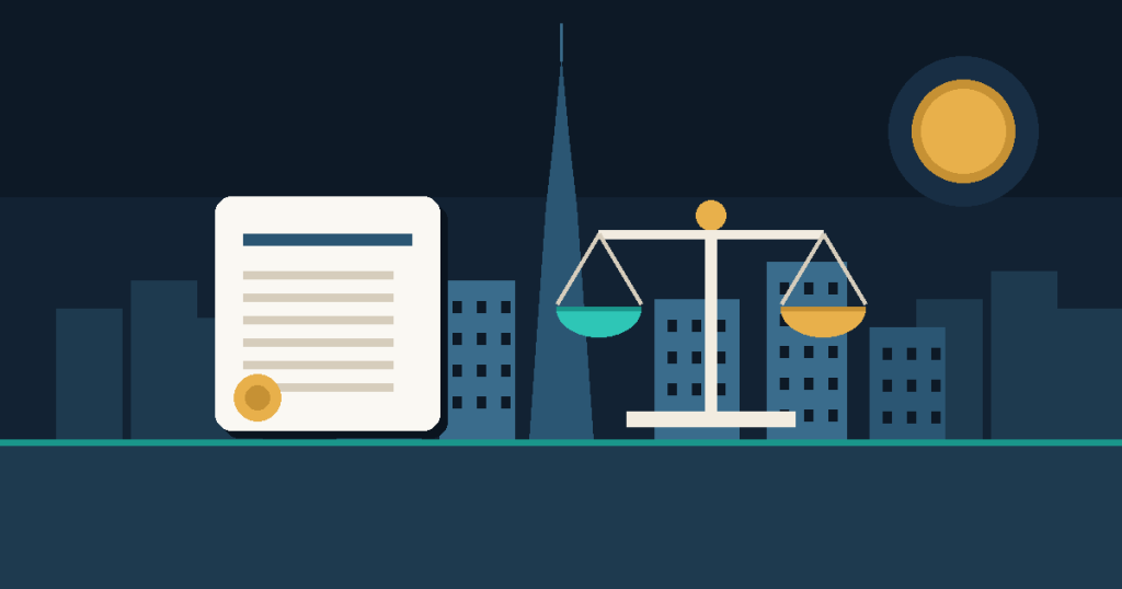 Flat vector illustration of a sealed will document and balanced scales of justice over a simplified Dubai skyline, illustrating non-Muslim inheritance law in the UAE.