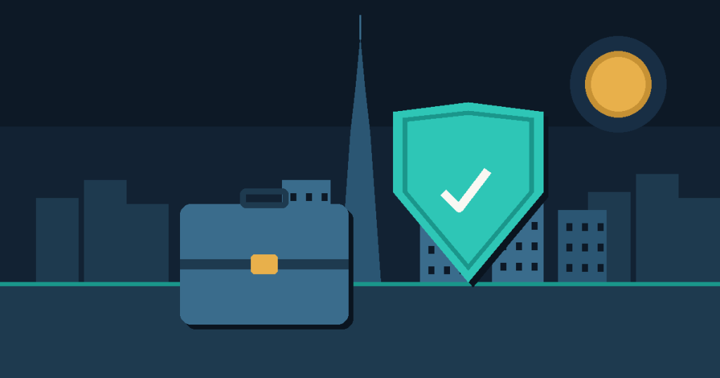 Flat vector illustration of a briefcase beside a protection shield with a check mark, representing professional indemnity insurance in the UAE