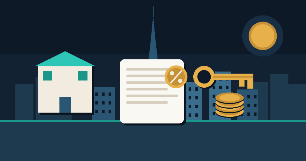 Flat vector illustration of a Dubai property contract, house, key and gold coins representing real estate agent commission