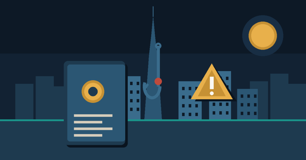 Flat vector illustration of a passport with a fishing hook and warning sign representing second-passport and fast-residency scams