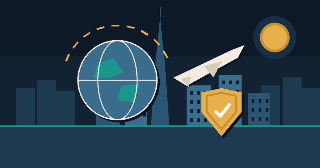 Flat vector illustration of a globe, an airplane, and a shield with a check mark, representing travel insurance and Schengen visa cover from the UAE