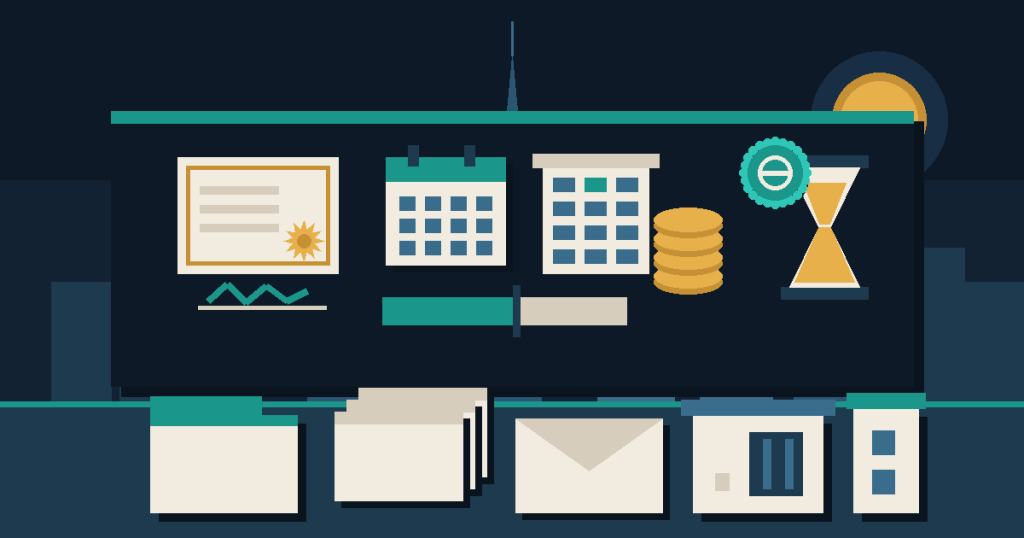 Flat vector illustration of a share certificate, vesting calendar, progress bar and coin stack, representing employee stock options and RSUs in the UAE