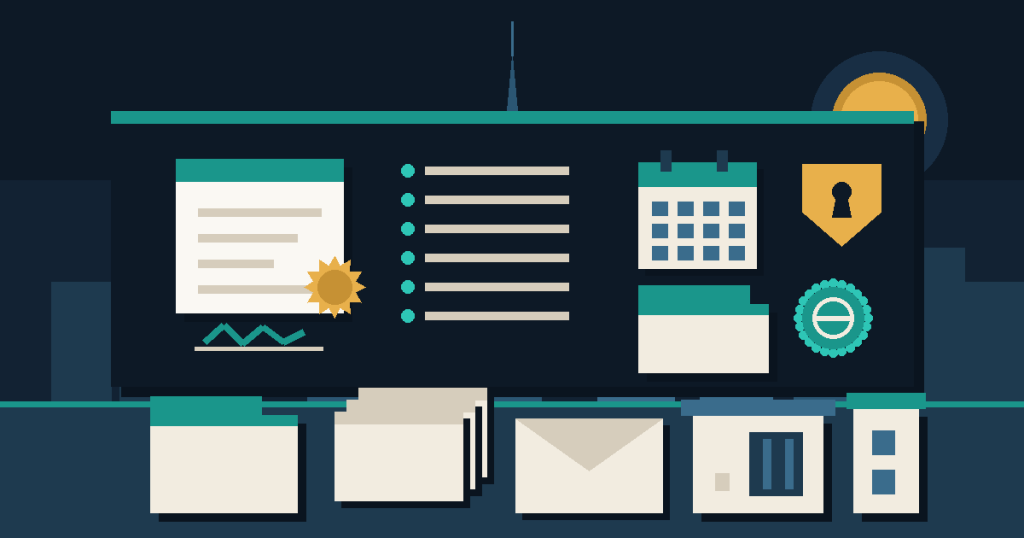 Flat vector illustration of a stamped and signed certificate beside a checklist of six required fields and a calendar, representing the experience certificate a UAE employer must issue