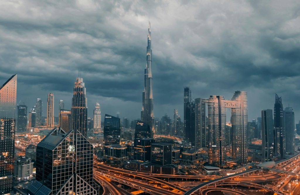 Downtown Dubai residential towers seen from above at dusk