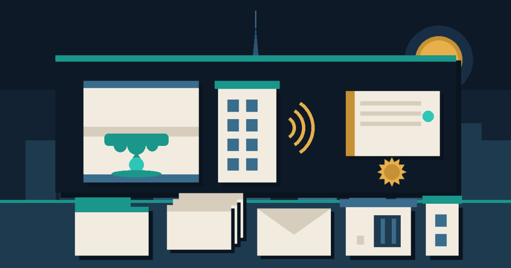 Flat vector illustration of a water leak through an apartment ceiling slab, noise from a neighboring tower, and a building rulebook