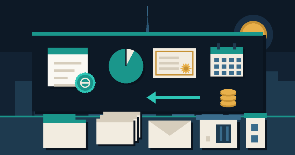 Flat vector illustration of a subscription form, a pie split into a small retail slice and a large professional slice, a share certificate and a refund arrow, representing a UAE IPO subscription