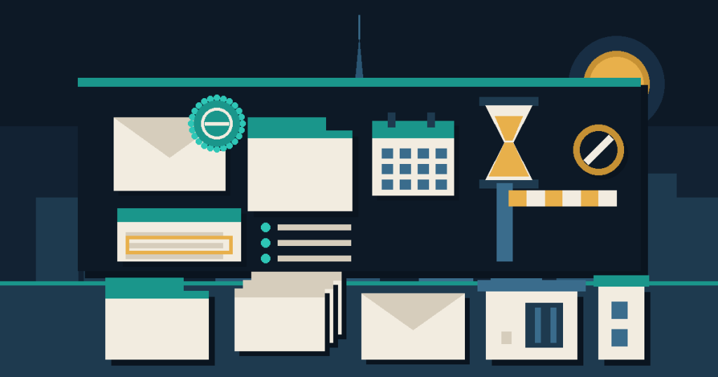 Flat vector illustration of a stamped court summons, a case file, a calendar deadline, an hourglass and a travel barrier