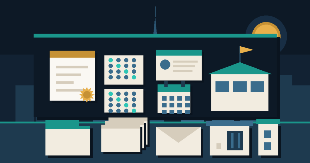 Flat vector illustration of an attested degree certificate, two test answer sheets, a licence card, a calendar and a school building