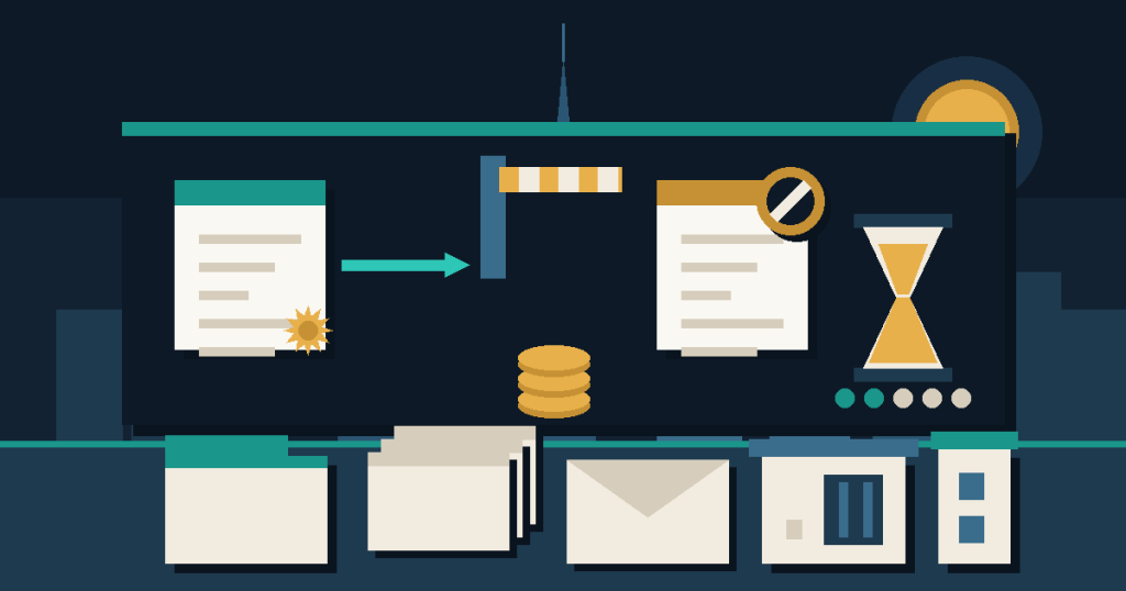 Flat illustration of a resignation document, a closed barrier and a withdrawn job offer beside a visa grace-period hourglass