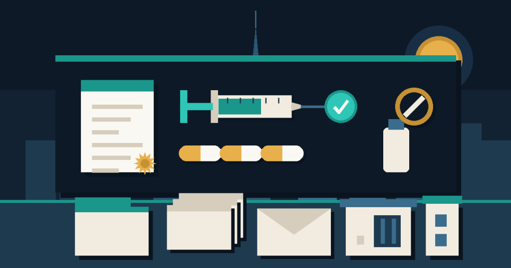 Flat illustration of a prescription, an injection pen and tablets beside an approved check and a crossed-out unapproved vial