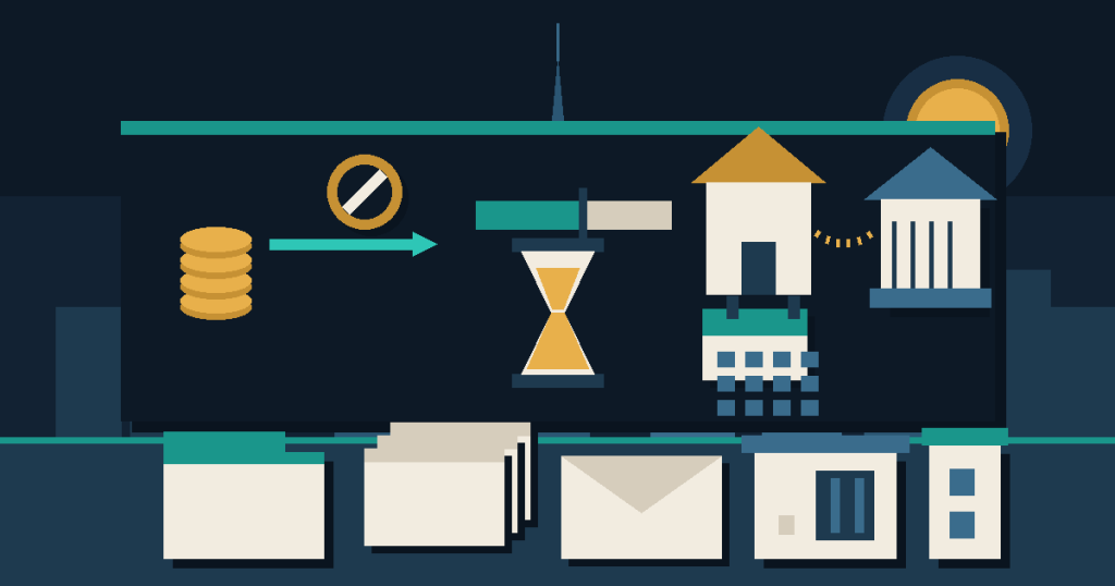 Coins passing an open gate untaxed, a savings bar that has stopped filling, and a house sending rent to a government building beside a calendar