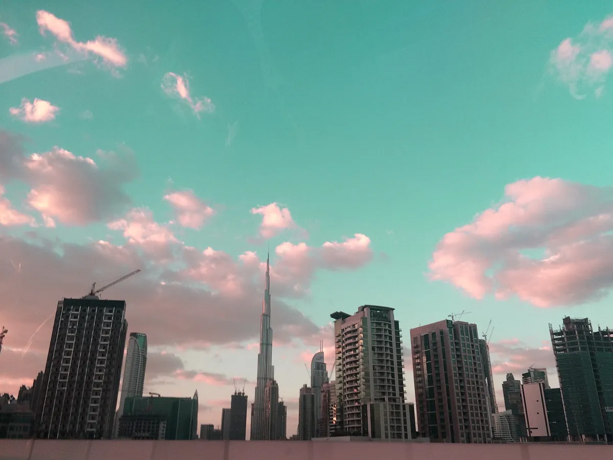 Residential towers in Business Bay, Dubai, with Burj Khalifa in the background