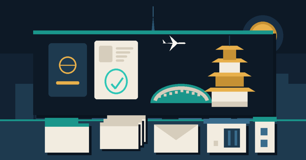 Flat illustration of a passport and approved visa page beside a tiered pagoda and a long wall over hills