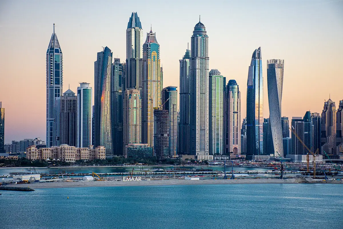 Dubai Marina skyline of residential towers along the marina waterway