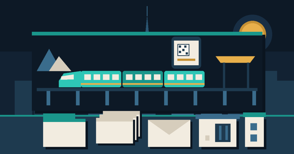 Flat illustration of a passenger train on an elevated track between mountains and a station canopy, with a phone showing a ticket