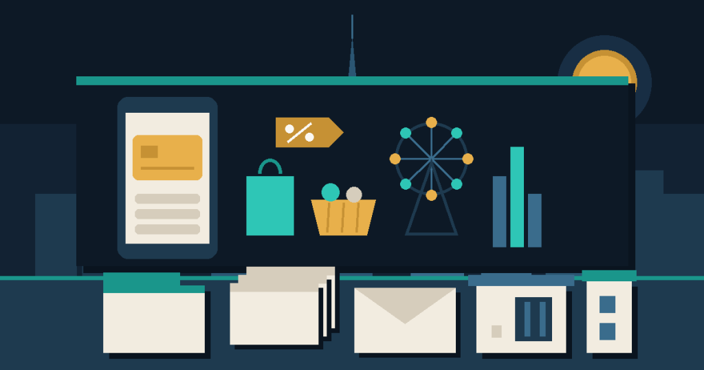 Flat illustration of a phone showing a membership card with shopping, grocery and theme-park icons