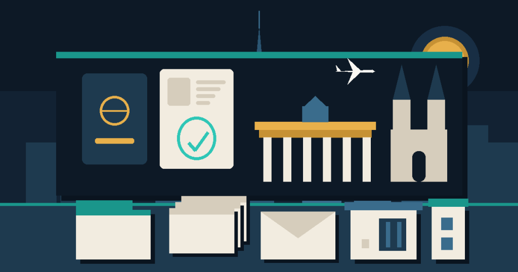 Flat illustration of a passport and approved visa page beside a columned city gate and a spired cathedral