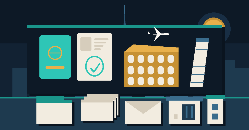 Flat illustration of a passport and approved visa page beside an arched amphitheater and a leaning tower