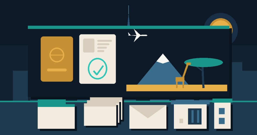 Flat illustration of a passport and approved visa page beside an acacia tree, a savanna and a distant mountain