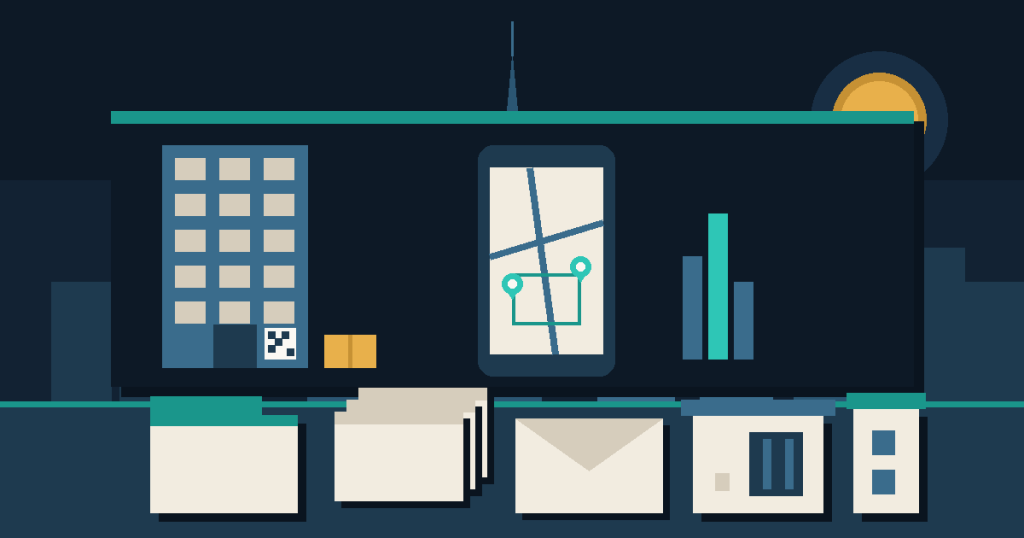 Flat illustration of a Dubai apartment tower entrance with a QR-style plate, a parcel at the door and a phone map with two entrance pins