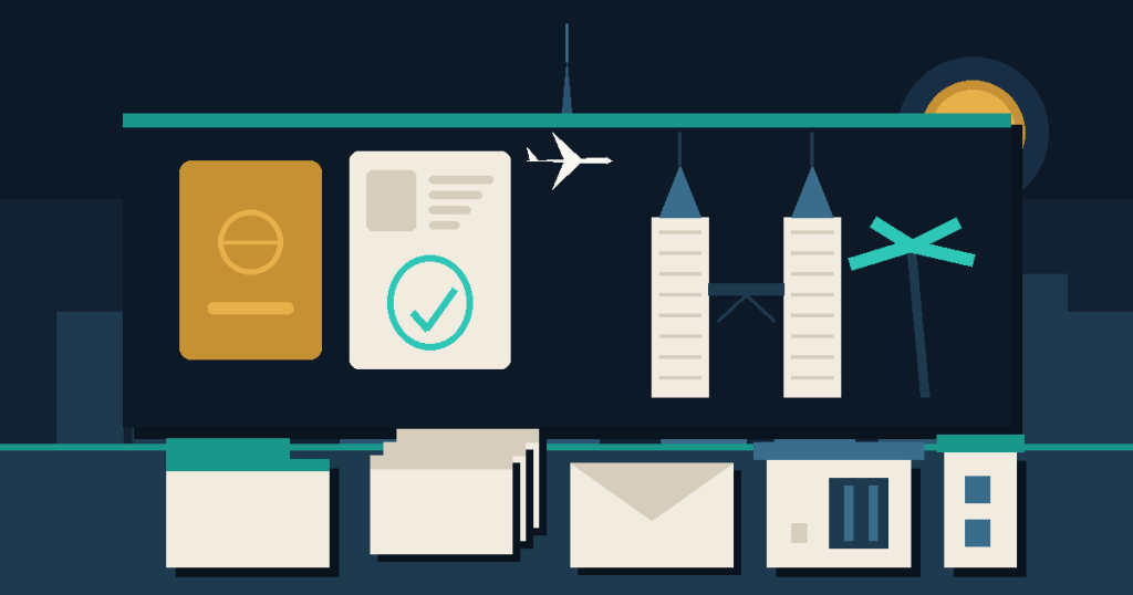 Flat illustration of a passport and approved visa page beside twin towers linked by a sky bridge