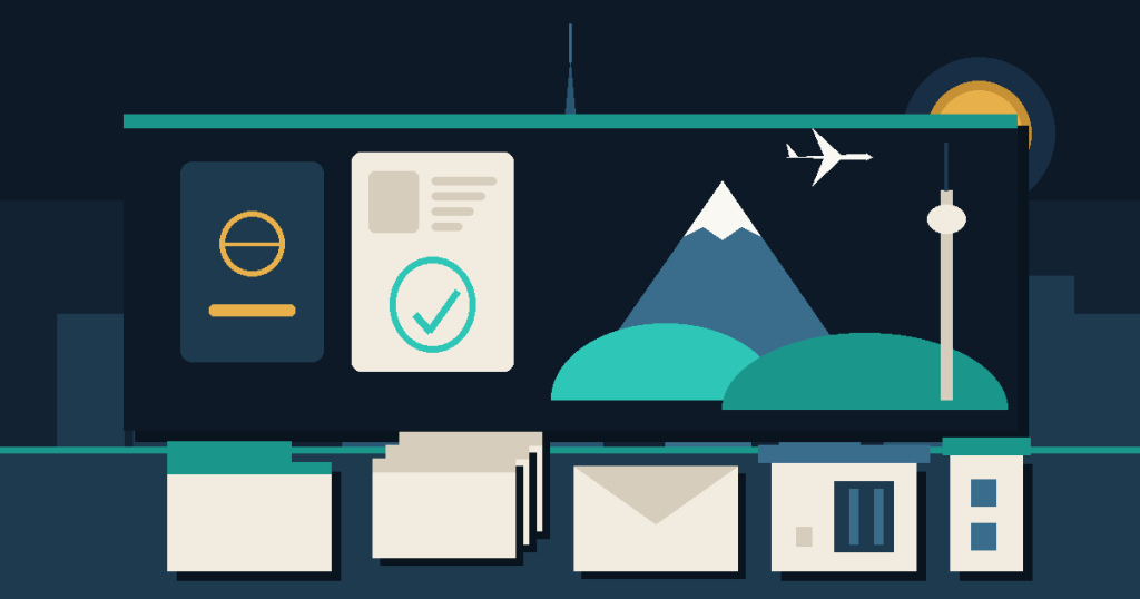 Flat illustration of a passport and approved visa page beside green hills, a snowy peak and a city tower