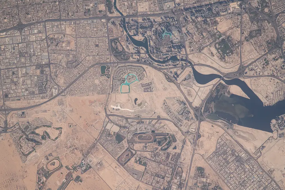 Aerial view of Ras Al Khor and Mohammed bin Rashid City in Dubai from the International Space Station