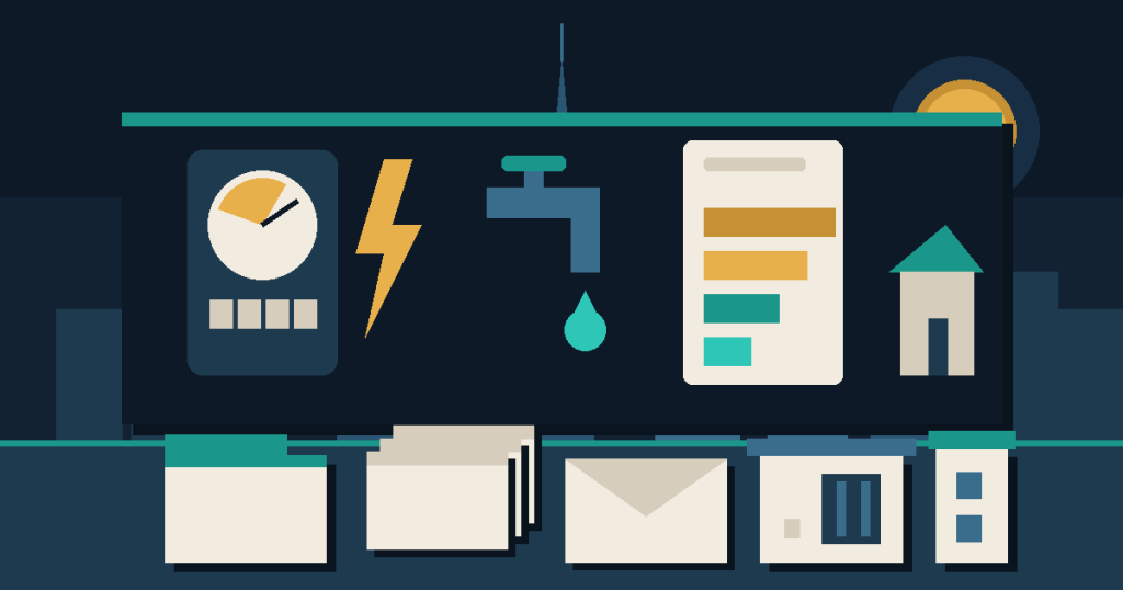Flat illustration of an electricity meter, water tap and tiered utility bill, for SEWA and EtihadWE accounts and tariffs