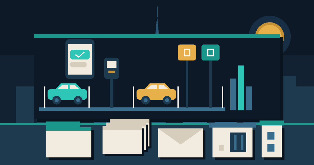 Flat illustration of parked cars, a parking meter, yellow and blue parking signs and a phone showing a payment confirmation