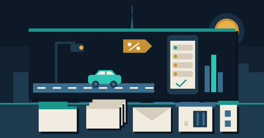Flat illustration of a traffic camera over a road, a discount tag and a phone showing a list of fines with a check mark