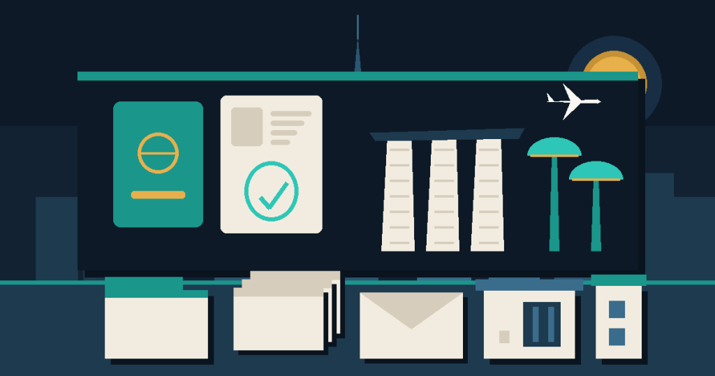Flat illustration of a passport and approved visa page beside a skyline of three linked towers and tree-like structures