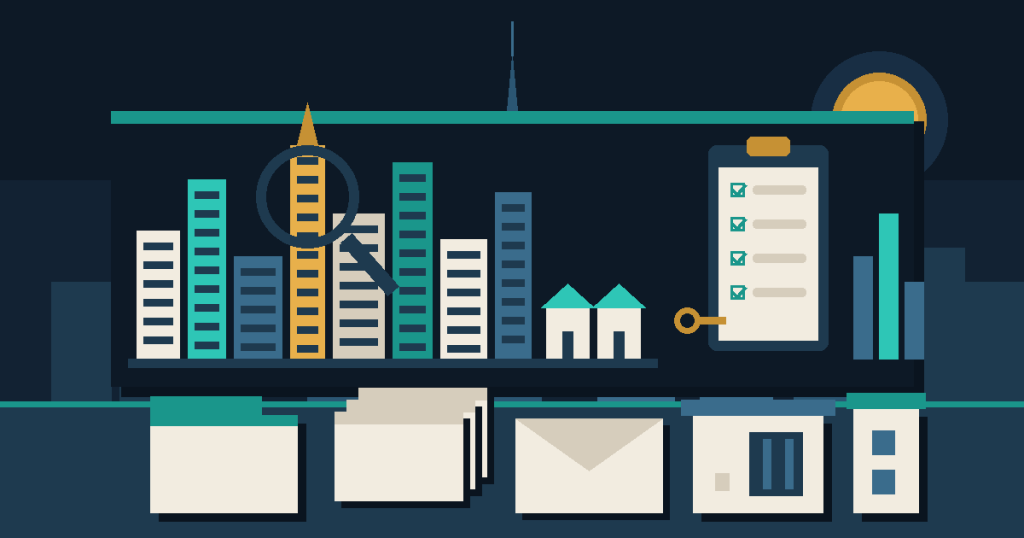 Flat illustration of a lineup of Dubai towers and villas under a magnifying glass beside a due-diligence checklist