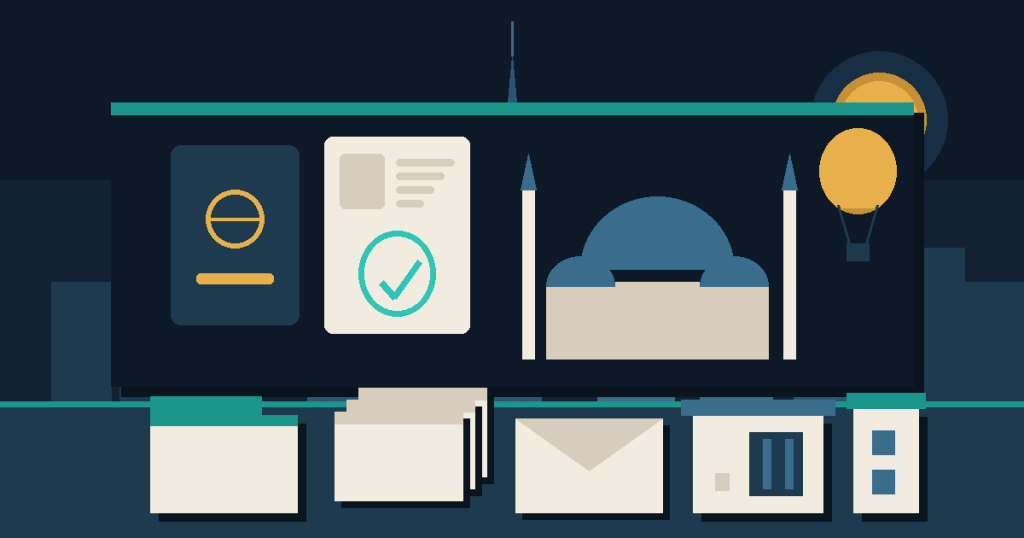 Flat illustration of a passport and approved visa page beside a domed building with minarets and a hot-air balloon