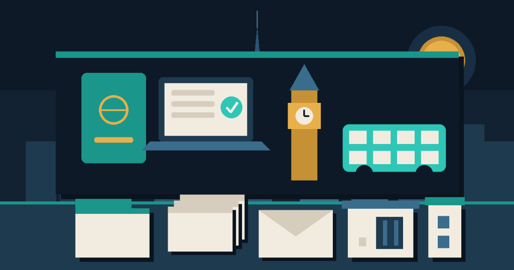 Flat illustration of a passport and an online visa form beside a clock tower and a double-decker bus