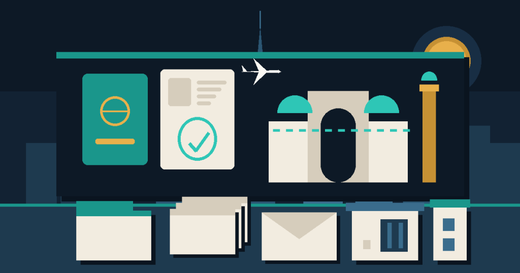 Flat illustration of a passport and approved visa page beside a turquoise-domed madrasa and a minaret