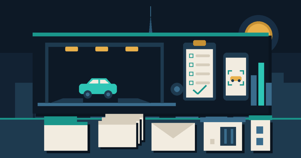 Flat illustration of a car on a vehicle inspection lane with a checklist and a phone camera frame